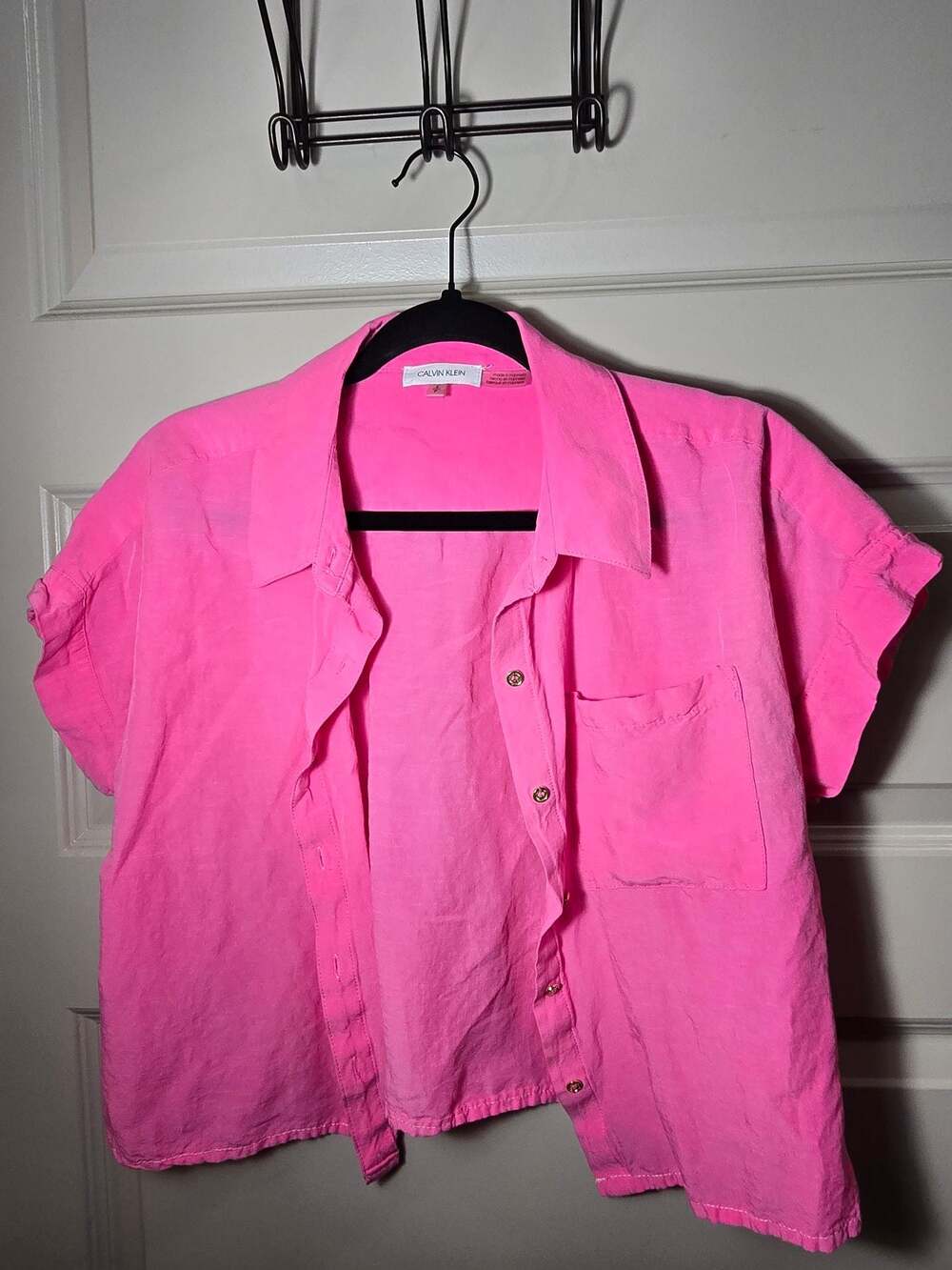 Calvin Klein Women's Hot Pink Short Sleeve Button-Up Shirt